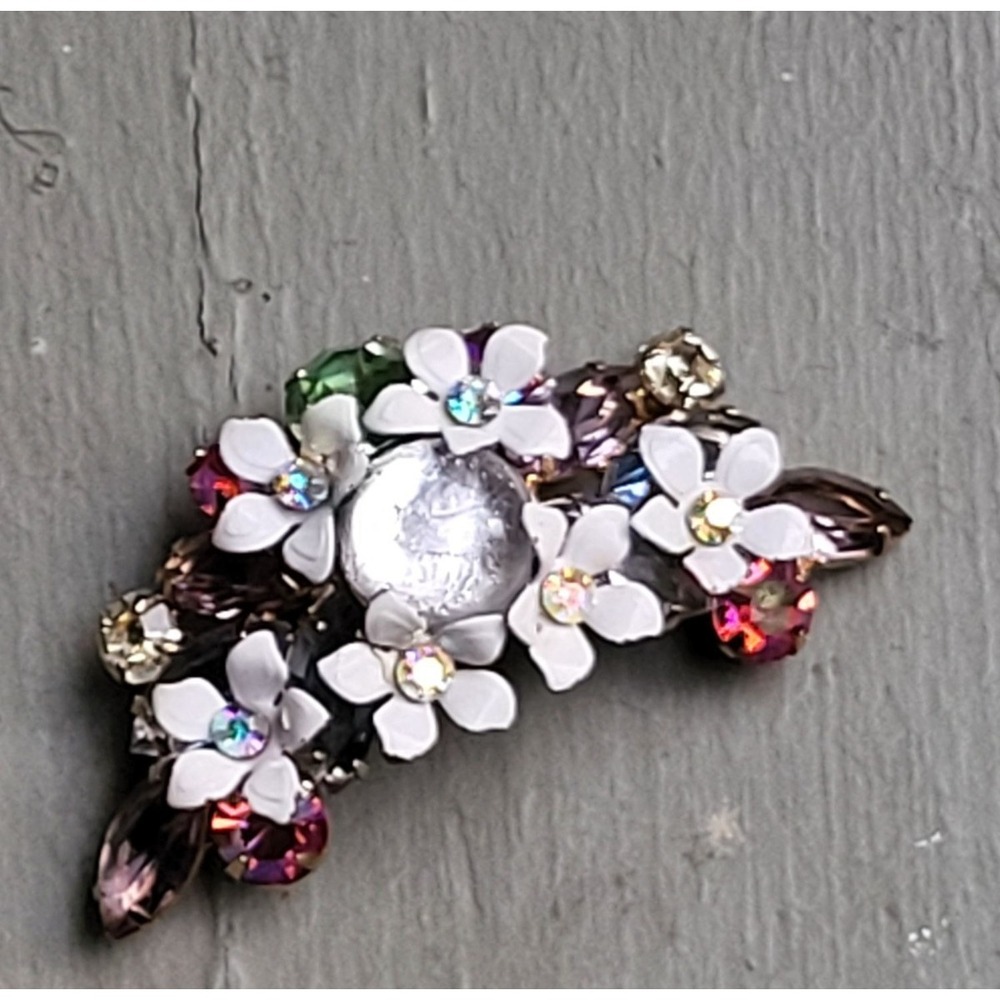 Kramer Crescent Enamel Flowers Glass Cabochon Rhinestones Brooch Unsigned